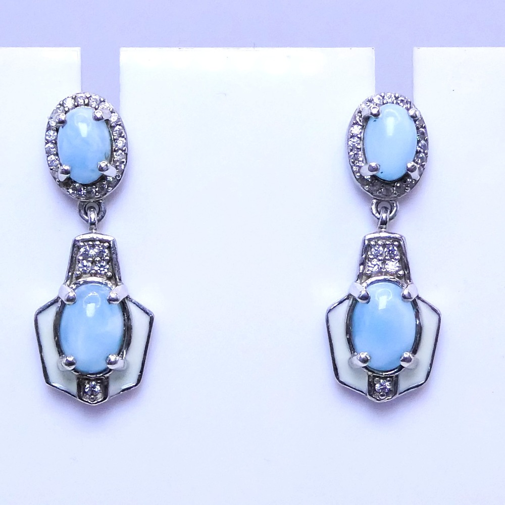 Art Deco Style Blue Larimar Enamel Drop-Dangle 1" Sterling Silver Earrings